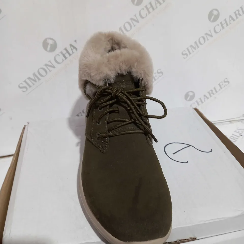 BOXED SKECHERS GO WALK STABILITY SUEDE BOOTS, OLIVE - SIZE 4