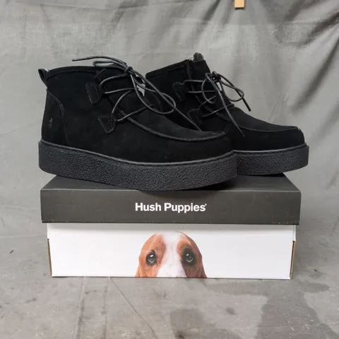 BOXED PAIR OF HUSH PUPPIES BRIANNA LACE BOOTIES IN BLACK SIZE 7