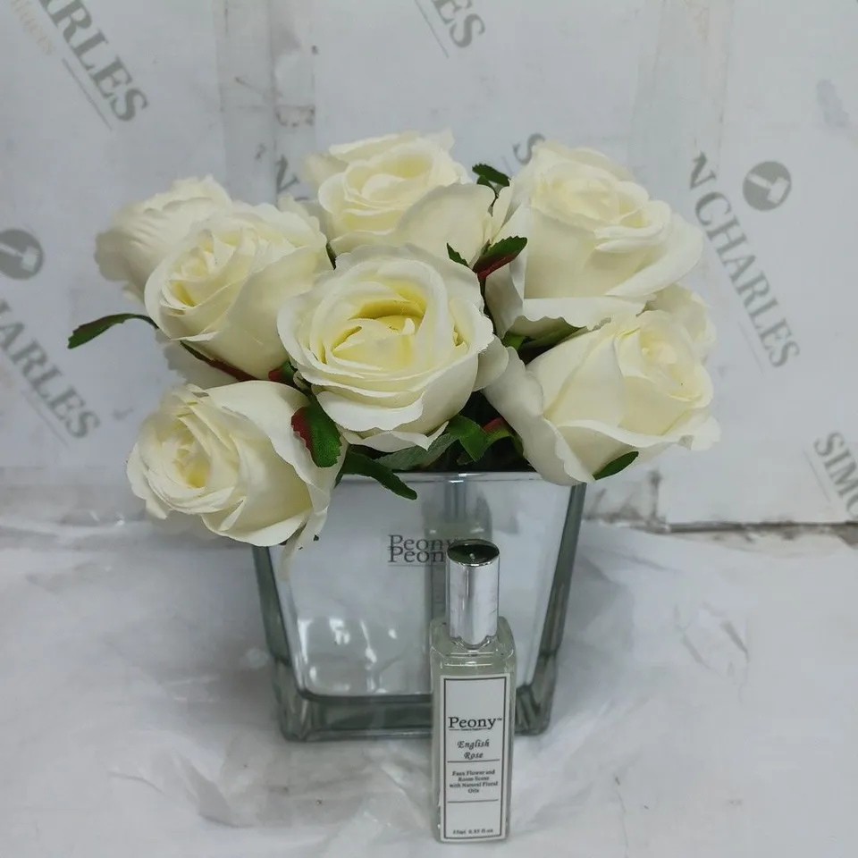BOXED FAUX FLOWER ARRANGEMENT WITH VASE AND PEONY ENGLISH ROSE FLOWER AND ROOM SCENT