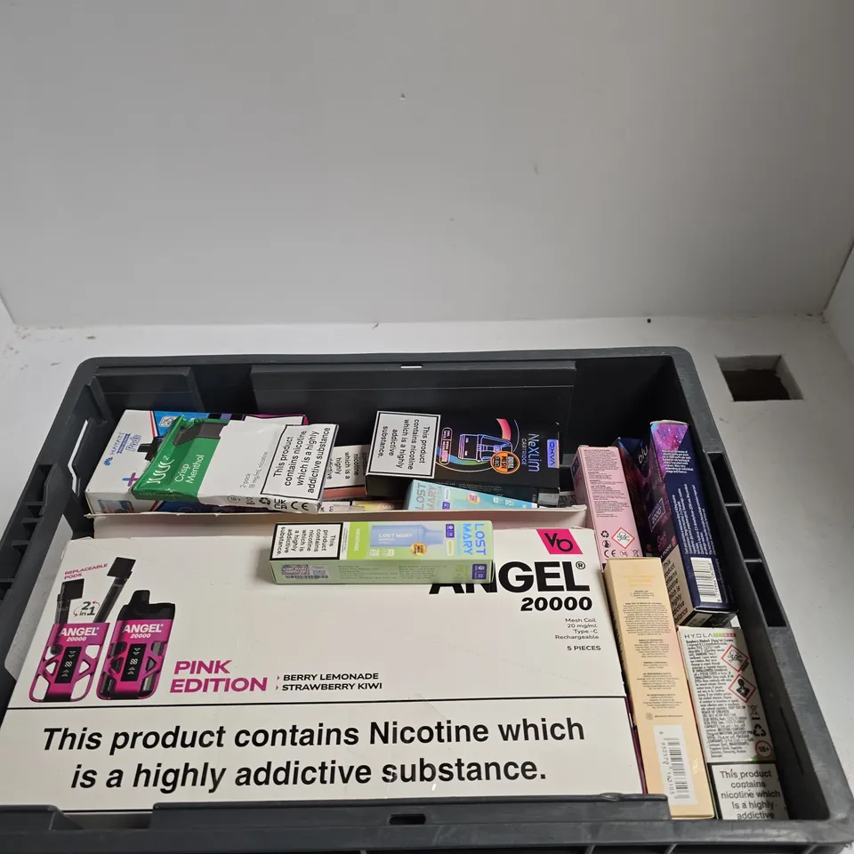 APPROXIMATELY 20 ASSORTED E-CIGARETTE PRODUCTS TO INCLUDE BRANDS SUCH AS LOST MARY, ANGEL, JUUL, ETC