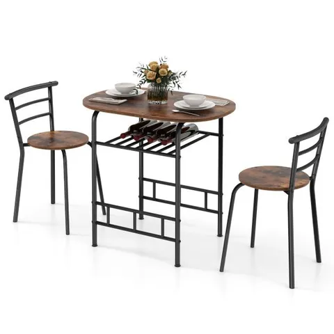 BOXED COSTWAY 3 PIECE DINING TABLE SET WITH EXTRA WINE RACK AND METAL FRAME - BROWN