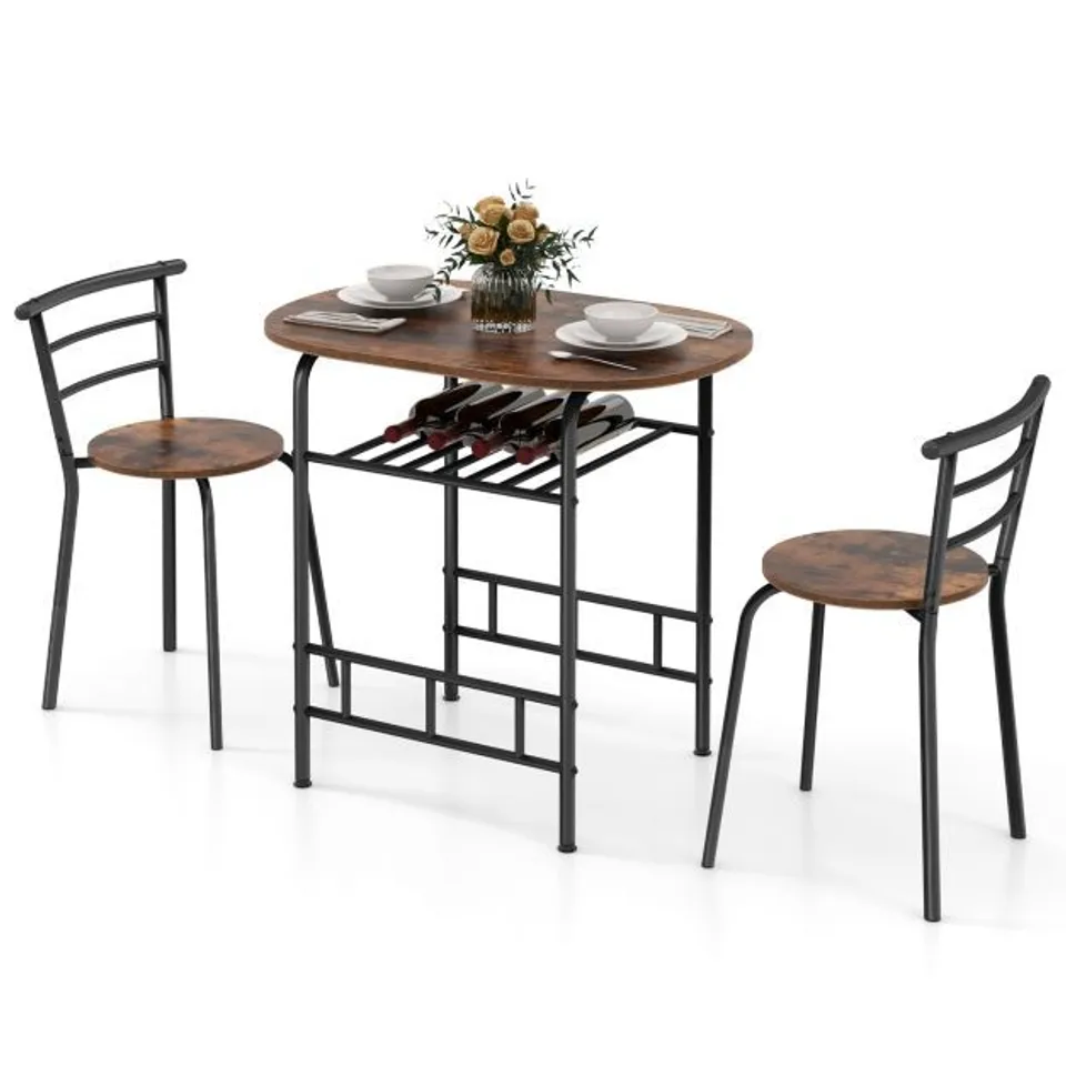 BOXED COSTWAY 3 PIECE DINING TABLE SET WITH EXTRA WINE RACK AND METAL FRAME - BROWN