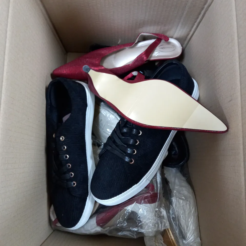 BOX OF APPROXIMATELY 5 ASSORTED SHOES TO INCLUDE SCHOOL SHOES, BLACK LOW TRAINERS, RED HEELS ETC