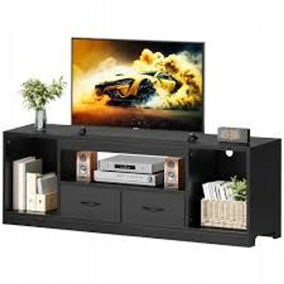 BOXED TV CABINET 148 CM, FOR TVS UP TO 65 INCHES, 2 DOORS, 3 ADJUSTABLE SHELVES, BLACK
