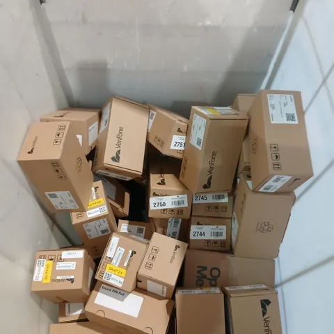 CAGE OF ASSORTED PRODUCTS TO INCLUDE; HP 2013 ULTRA SLIM DOCKING STATION, VERIFIED SECURITY PIN PAD AND VERIFIED CARD PAYMENT TERMINAL