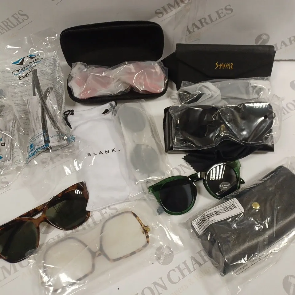 LOT OF 10 ASSORTED PAIRS OF GLASSES TO INCLUDE BLANK AND PYRAMEX SAFETY
