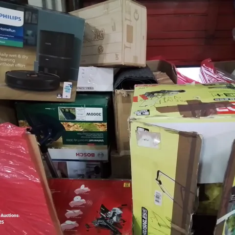 PALLET CONTAINING VARIOUS ASSORTED PRODUCTS INCLUDING:RYOBI LAWN MOWER, EXPERT CHOP SAW, BOSCH UNIVERSAL GARDEN TIDY 3000, ROBOT VACUUM AND LOTS MORE UNMARKED BOXED ITEMS 