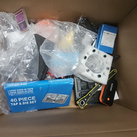 BOX OF ASSORTED CAR ITEMS TO INCLUDE - 40 PIECE TAP & DIE SET – ASSORTED TAPS & DIES - WHEEL SPACER - TOOLS
