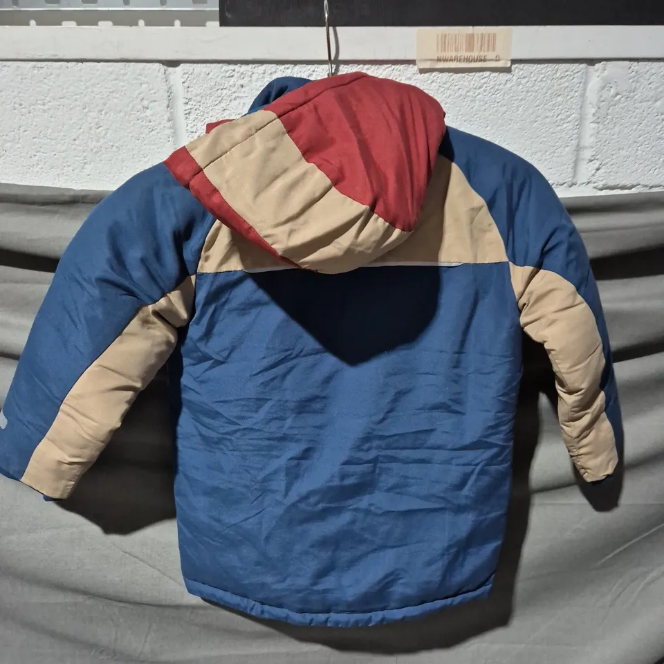 NEXT BOYS COLOUR-BLOCK PUFFER JACKET – BLUE, BEIGE & RED - AGED 5-6 YEARS