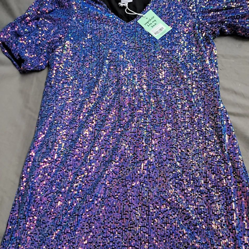 SCAMP & DUDE V NECK DRESS, PURPLE SEQUIN - SIZE 12