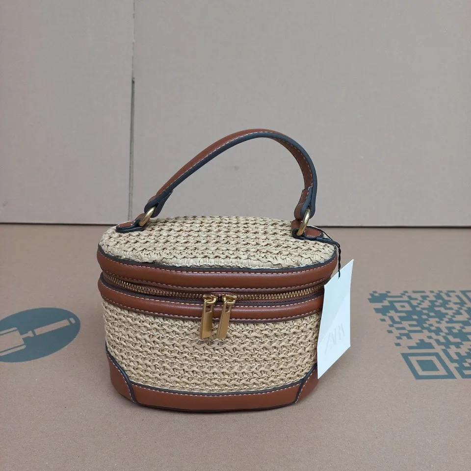 ZARA STRAW BASKET HANDBAG WITH LEATHER TRIM