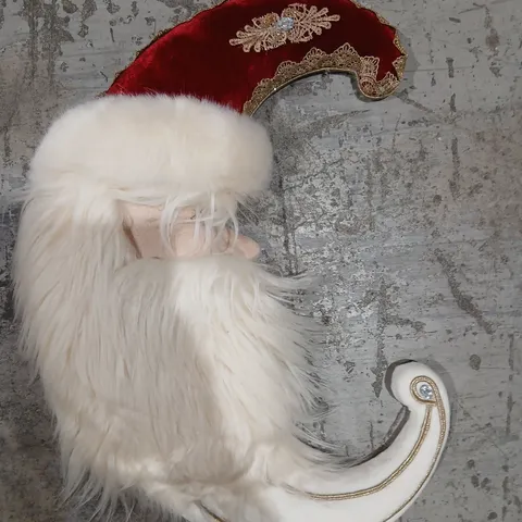 TWO GISELA GRAHAM LONDON DECORATIVE SANTA MOON DECORATION: RED VELVET HAT WITH GOLD EMBROIDERY AND WHITE FUR TRIM 