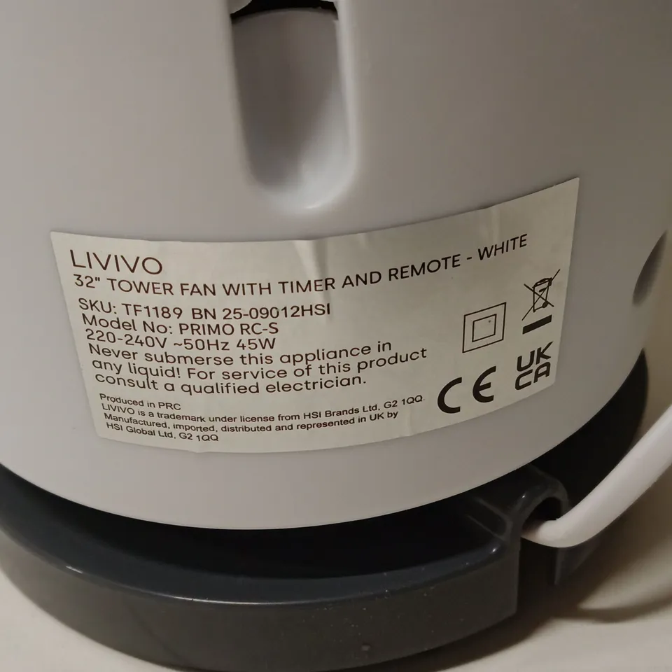 LIVIVO 32" TOWER FAN WITH (REMOTE MISSING)– WHITE (PRIMO RC-S)