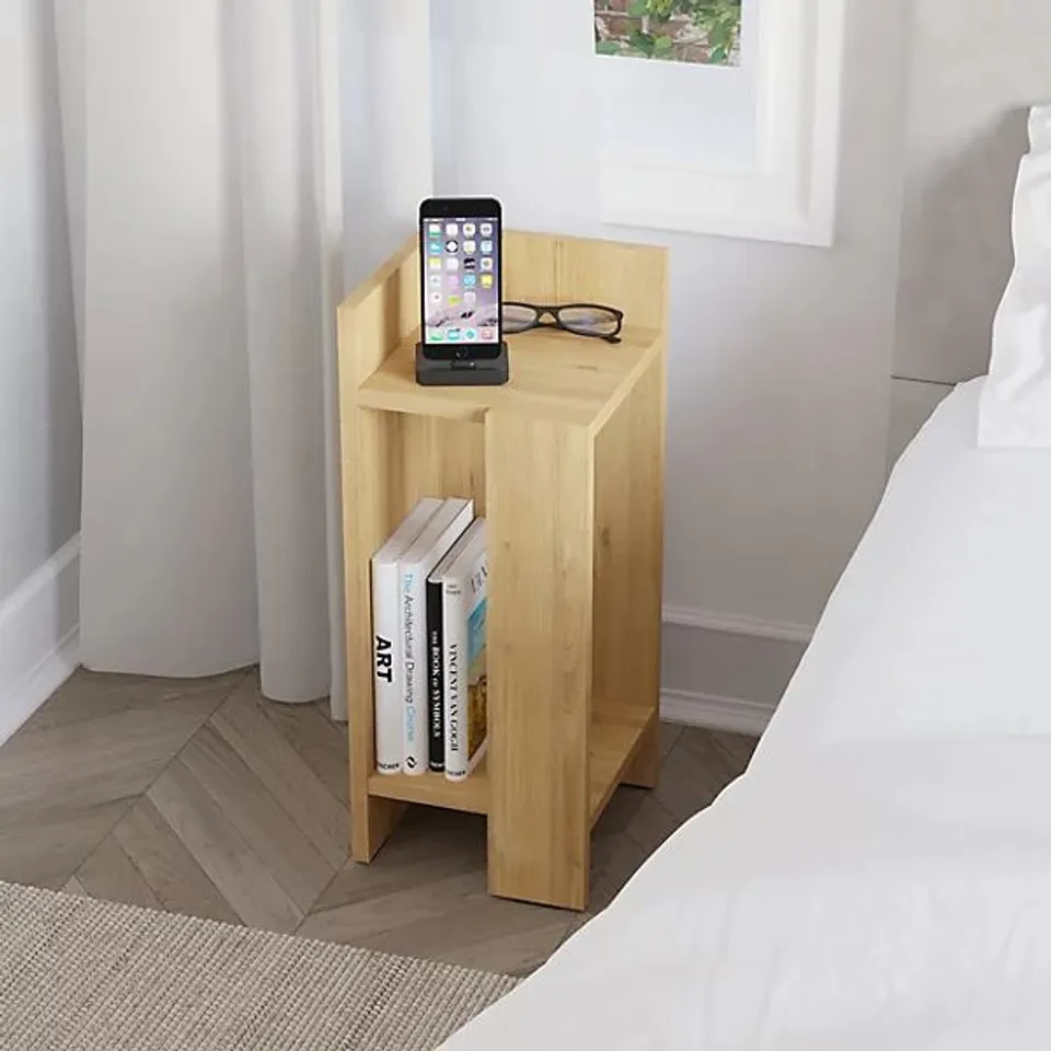 BOXED ELOS MODERN BEDSIDE TABLE/NIGHTSTAND. -SAPPHIRE OAK-