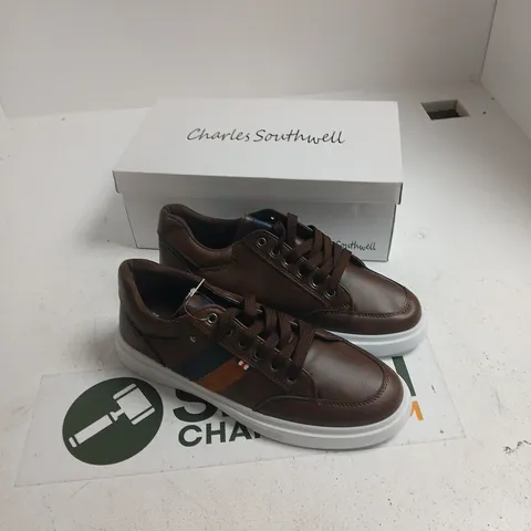 CHARLES SOUTHWELL EMILIO BROWN LEATHER SNEAKERS, UK 12 – BOXED 