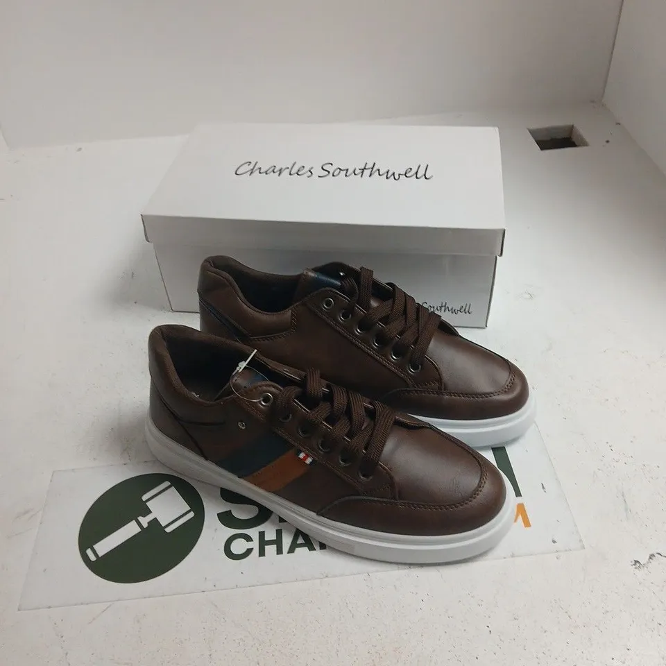 CHARLES SOUTHWELL EMILIO BROWN LEATHER SNEAKERS, UK 12 – BOXED 