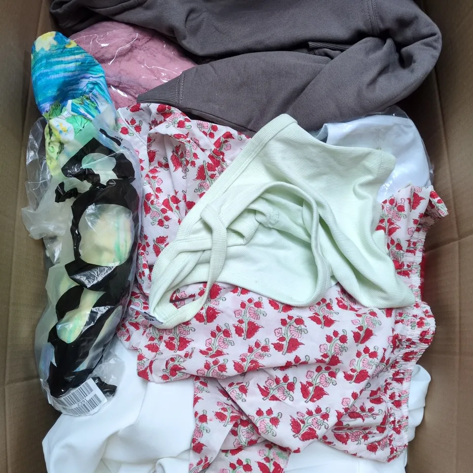 LARGE BOX OF APPROXIMATELY 25 ASSORTED CLOTHING ITEMS IN VARIOUS COLOURS, STYLES AND SIZES - COLLECTION ONLY