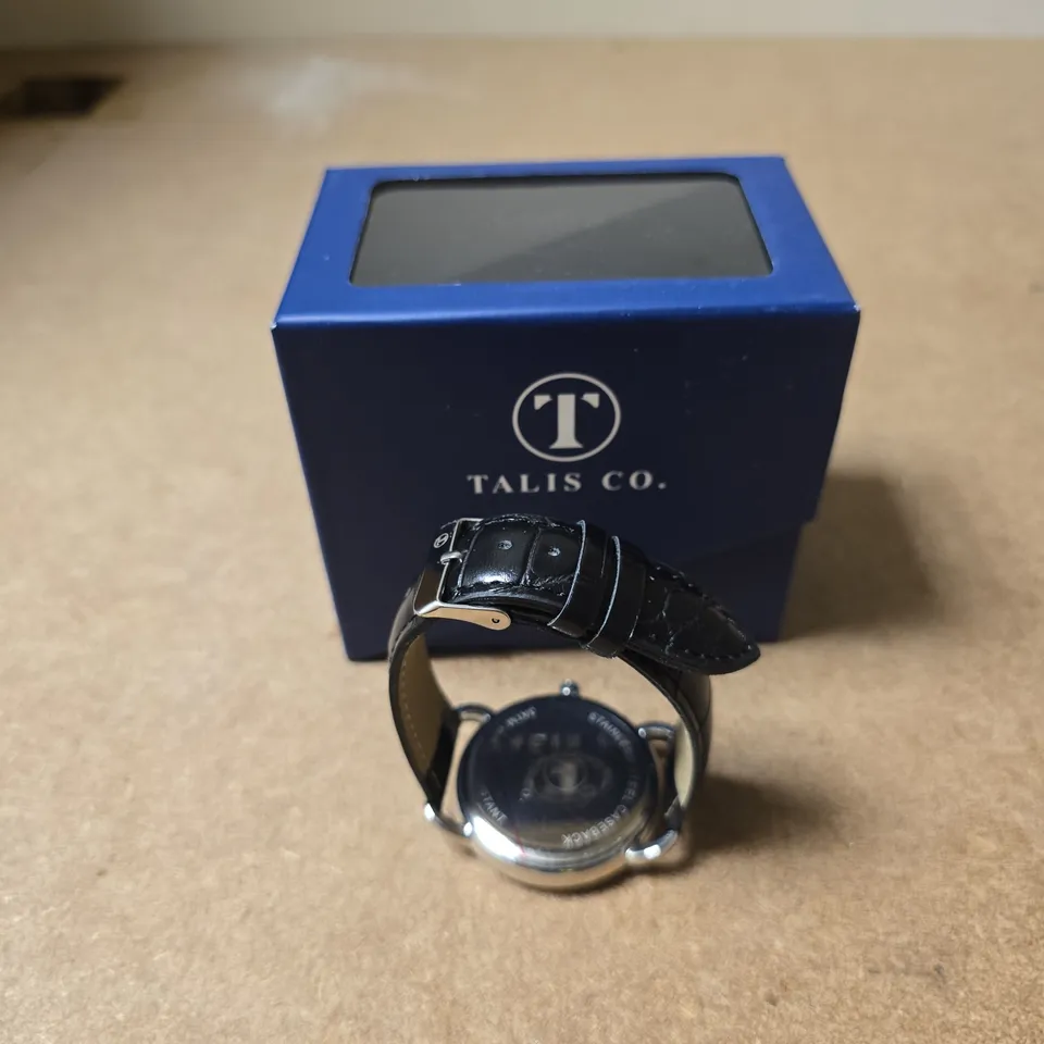 TALIS CO. WRISTWATCH – BLACK DIAL, BLACK LEATHER STRAP, IN BLUE PRESENTATION BOX