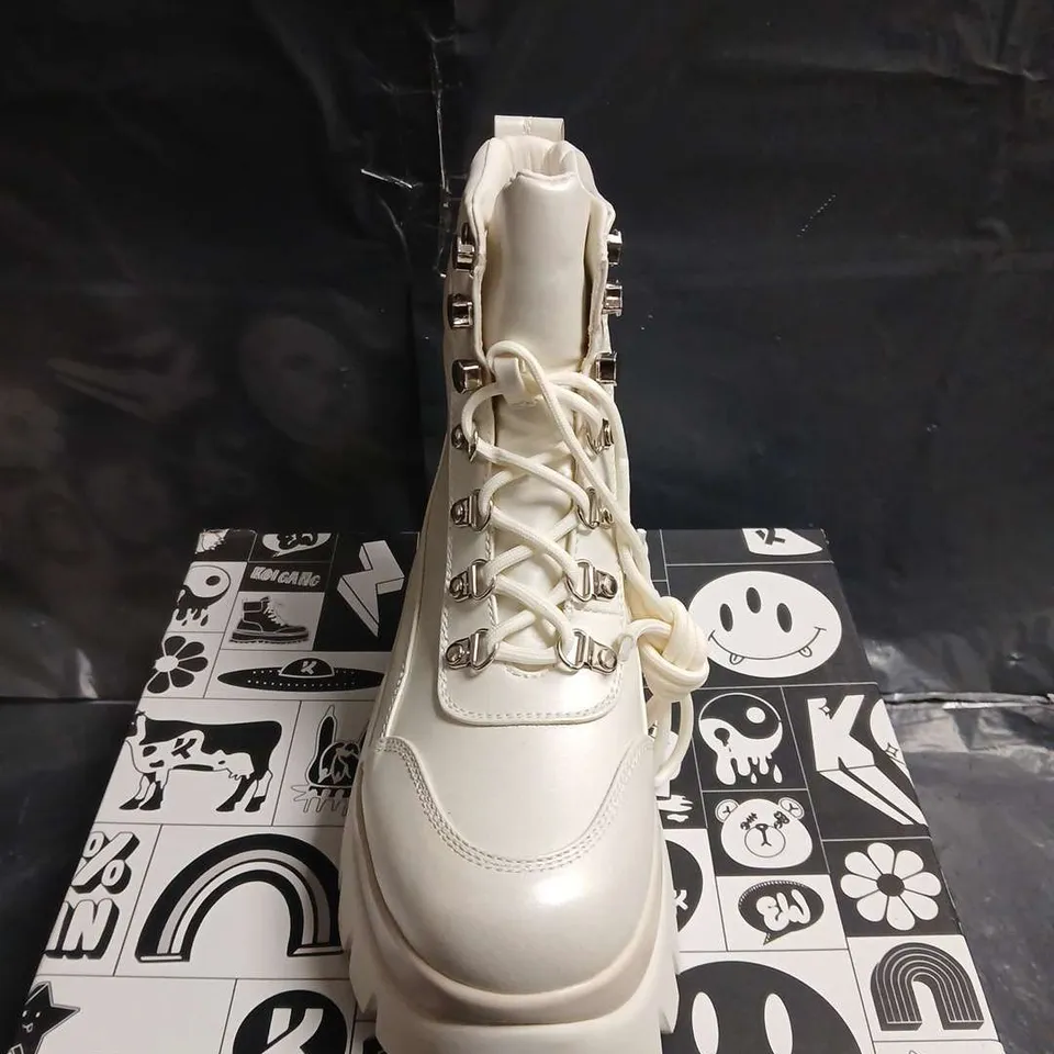 BOXED PAIR OF KOI GOOEY WHITE PLATFORM BOOTS – UK5 (WOMEN'S, VEGAN) 