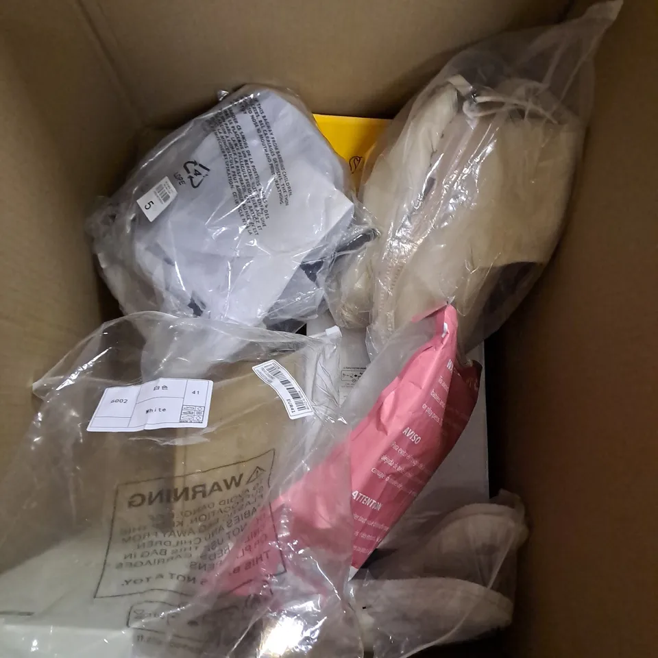 BOX OF APPROXIMATELY 10 PAIRS OF ASSORTED SHOES IN VARIOUS COLOUR, STYLES AND SIZES