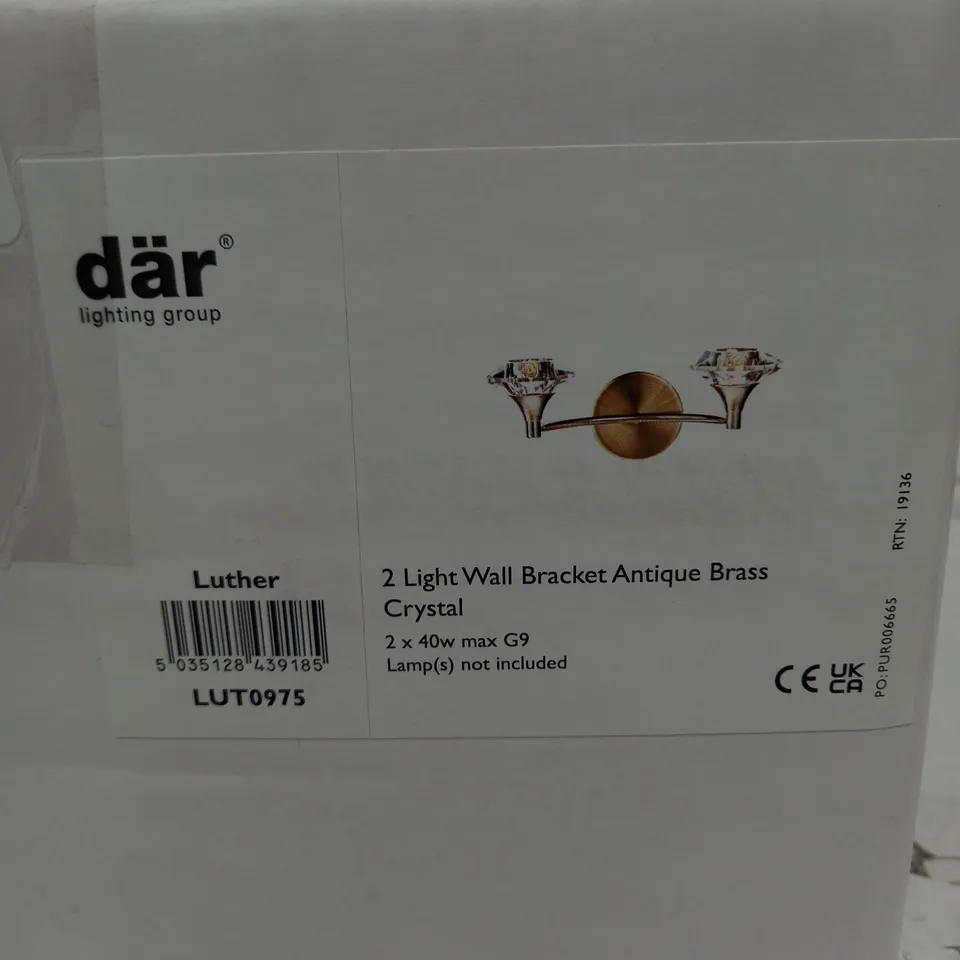 BOXED LUTHER 2 LIGHT WALL LIGHT ANTIQUE BRASS CRYSTAL