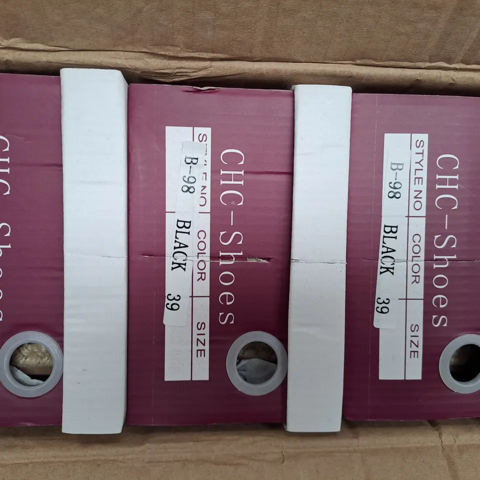 BOX OF APPROXIMATELY 10 PAIRS OF CHC-SHOES SLIP ON LOW WEDGE SHOES IN BLACK IN VARIOUS SIZES