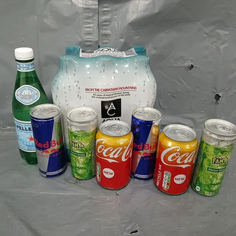 APPROXIMATELY 8 ASSORTED DRINKS TO INCLUDE RED BULL, AQUA CARPATICA SPARKLING MINERAL WATER, COCACOLA LEMON, ETC - COLLECTION ONLY