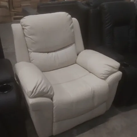 DESIGNER CREAM FAUX LEATHER UPHOLSTERED POWER RECLINER CHAIR