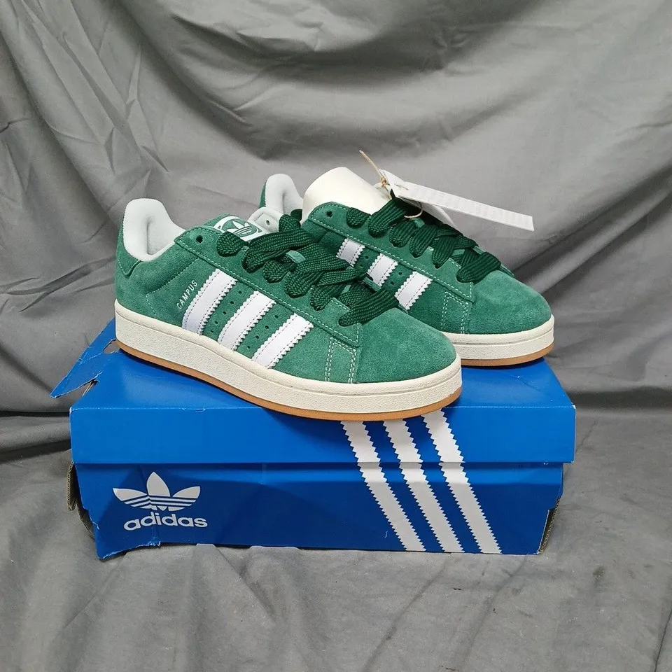 BOXED PAIR OF ADIDAS CAMPUS GREEN SUEDE TRAINERS - SIZE 6