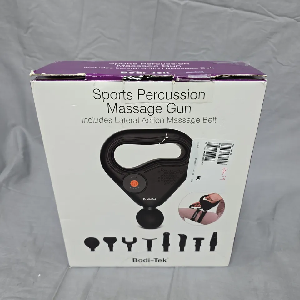 BODI-TEK SPORTS PERCUSSION MASSAGE GUN – BOXED WITH CASE AND ATTACHMENTS