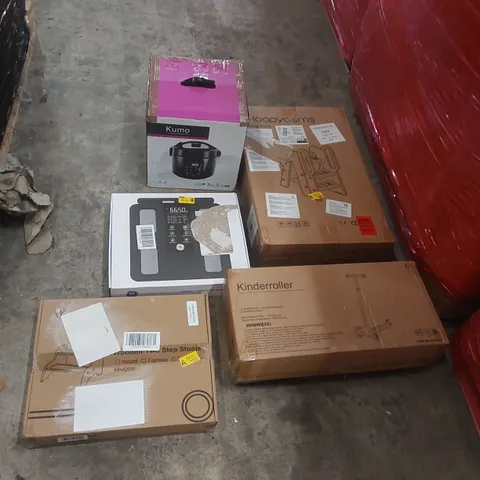 PALLET CONTAINING ASSORTED ITEMS TO INCLUDE: KIDS SCOOTER, STEP STOOLS, RICE COOKER, ELECTRIC SCALE ECT