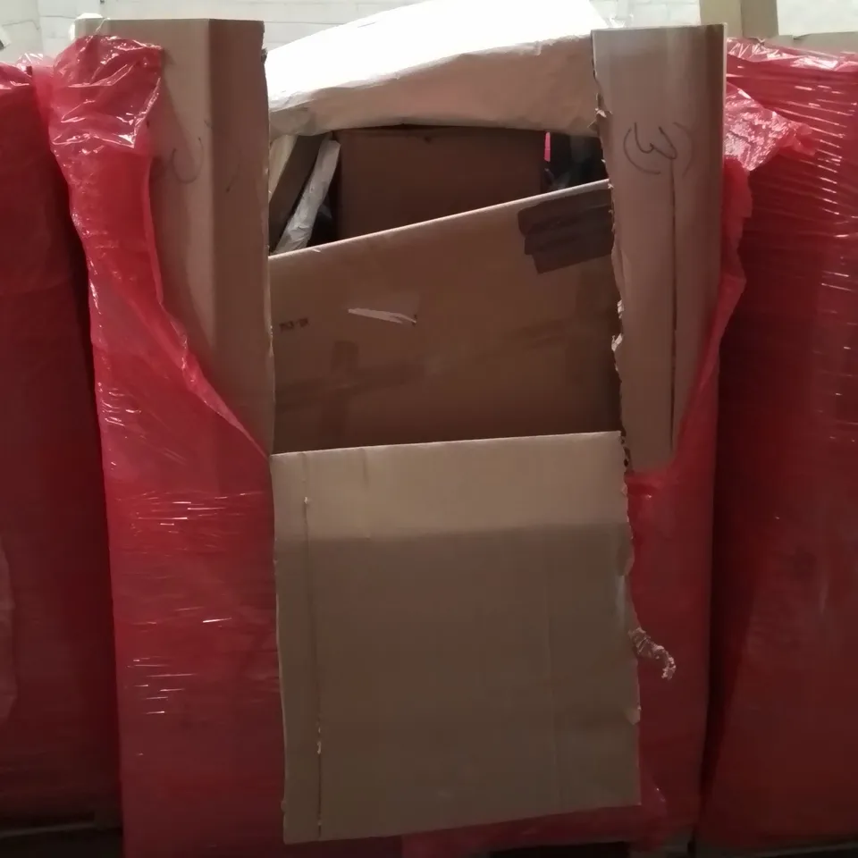 PALLET OF ASSORTED HOUSEHOLD GOODS AND PRODUCTS TO INCLUDE; DOORWAY CHIN-UP BAR, ARCHERY STRAW TARGET, SHOE RACKS, BOXED FURNITURE ETC 