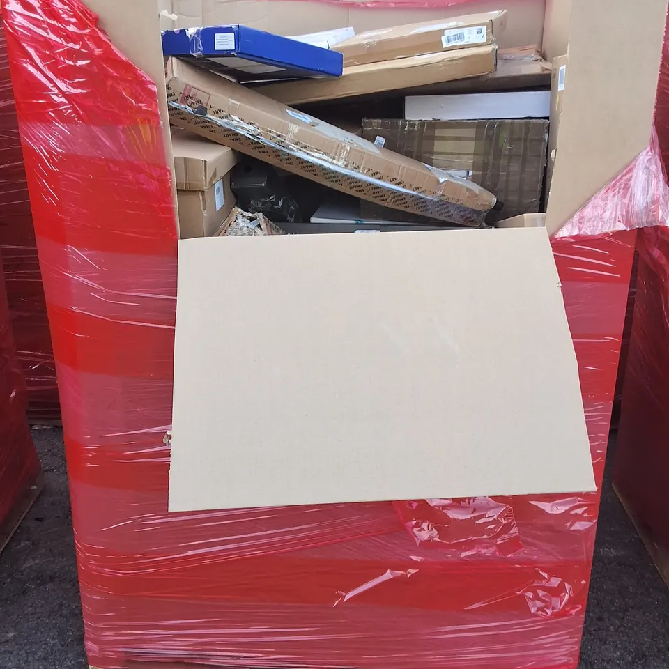PALLET OF ASSORTED HOUSEHOLD ITEMS TO INCLUDE 39" STORAGE CABINET,VINYL VUTTER AND VARIOUS KEYBOARDS INCLUDING CHERRY