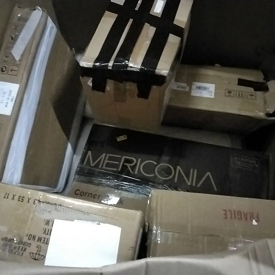 PALLET CONTAINING ASSORTED PRODUCTS INCLUDING COUNTERTOP WATER DISPENSER, METAL FRAME MIRROR, WALL MOUNTED SAND ART, STROLLER & CORNER DESK