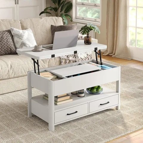 BOXED LIFT TOP COFFEE TABLE WITH DRAWERS AND HIDDEN COMPARTMENT, COFFEE TABLE CONVERTS TO DINING TABLE FOR LIVING ROOM, WHITE