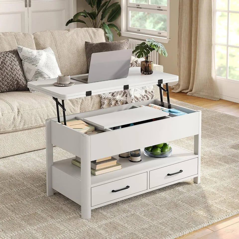 BOXED LIFT TOP COFFEE TABLE WITH DRAWERS AND HIDDEN COMPARTMENT, COFFEE TABLE CONVERTS TO DINING TABLE FOR LIVING ROOM, WHITE