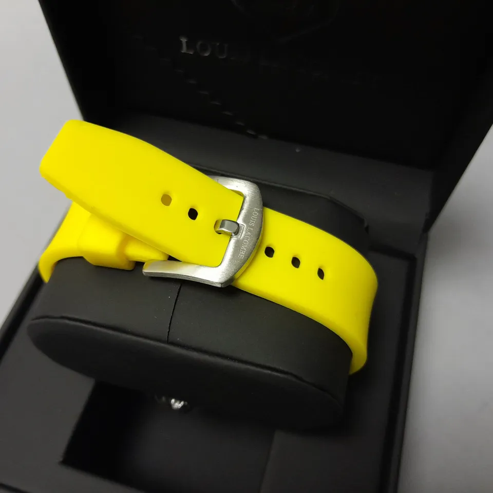 MENS LOUIS LACOMBE YELLOW DIAL CHRONGRAPH WATCH WITH 3 SUB DIALS AND STAINLESS STEEL CASE WITH YELLOW RUBBER STRAP IN GIFT BOX