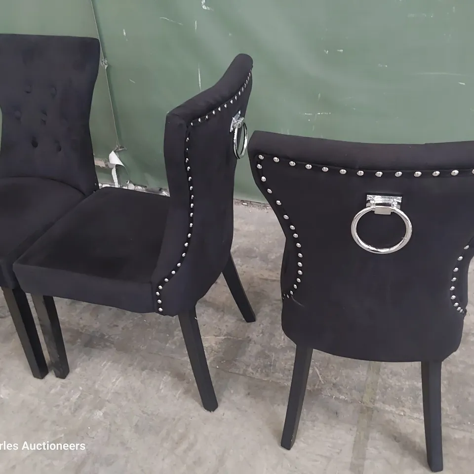 SET OF FOUR UPHOLSTERED BUTTONED RING BACK DINING CHAIRS BLACK PLUSH FABRIC ON BLACK PAINTED LEGS 