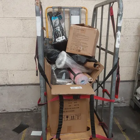 CAGE OF ASSORTED CONSUMER PRODUCTS INCLUDING: YOGA MAT, FOAM ROLLER, DESK FAN ECT // CAGE NOT INCLUDED 