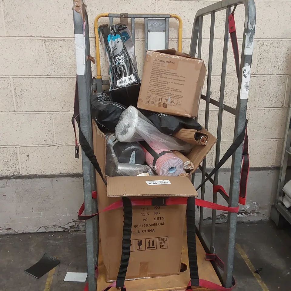 CAGE OF ASSORTED CONSUMER PRODUCTS INCLUDING: YOGA MAT, FOAM ROLLER, DESK FAN ECT // CAGE NOT INCLUDED 