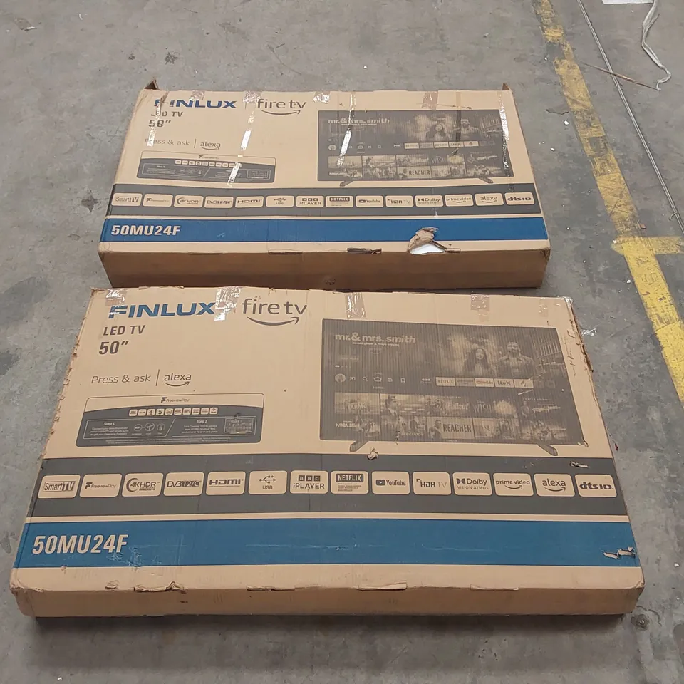 PAIR OF SCREEN DAMAGED FINLUX 50" LED TVS // SPARES AND REPAIRS (2 ITEMS)
