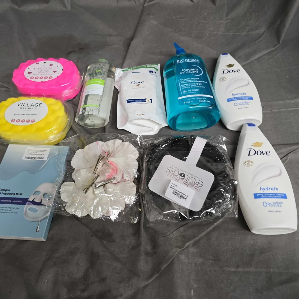 APPROXIMATELY 10 ASSORTED HEALTH & BEAUTY PRODUCTS TO INCLUDE WAX SOAP SPONGE, DOVE HANDWASH, AND DOVE BODYWASH ETC.