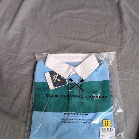 CREW CLOTHING COMPANY KIDS' RUGBY SHIRT – LIGHT BLUE & GREEN STRIPE, UK 6-7