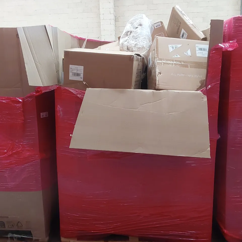 PALLET OF ASSORTED ITEMS INCLUDING: TURNTABLE HI-FI SYSTEMS WITH SPEAKERS, KIDS BOOSTER SEATS, SIDE TABLE ECT