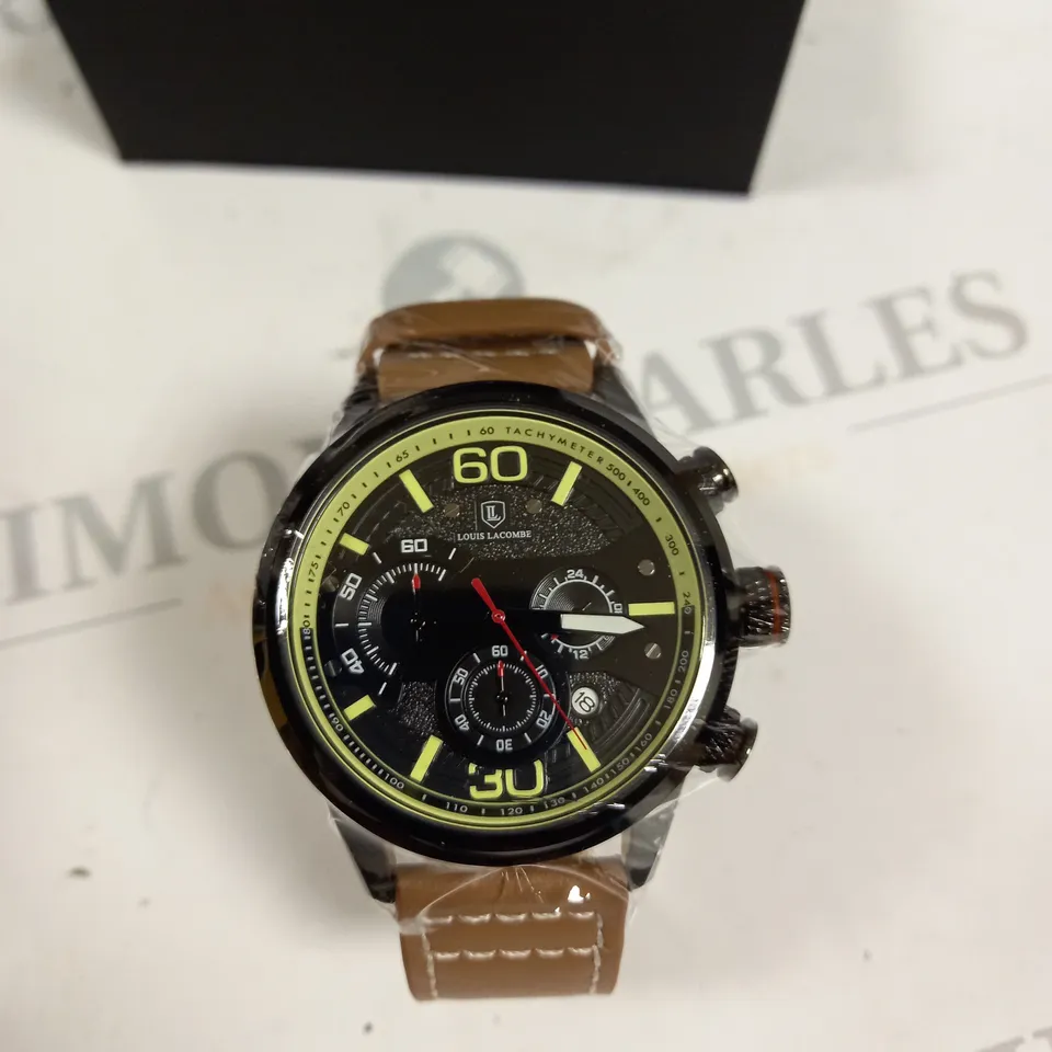 MENS LOUIS LACOMBE WATCH MULTI FUNCTION BLACK DIAL & CASE LEATHER STRAP
