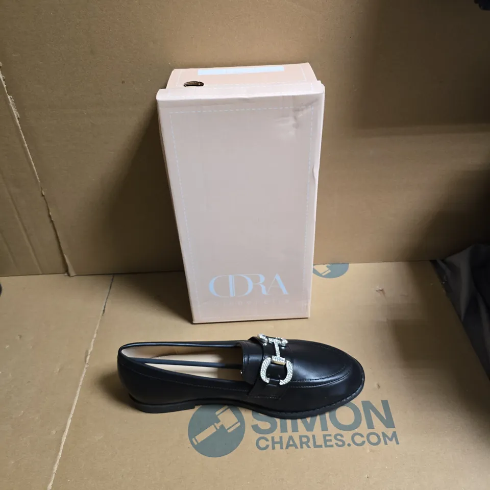BOXED CINDERELLA BLACK LEATHER LOAFERS WITH CRYSTAL BUCKLE – EUR SIZE 38
