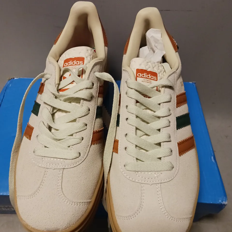 BOXED PAIR OF ADIDAS GAZELLE BOLD ORIGINALS TRAINERS, BEIGE/ORANGE/GREEN - UK SIZE 6.5