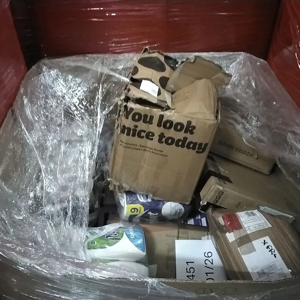 PALLET OF HOUSEHOLD ITEMS TO INCLUDE LED BATTEN LIGHT,CHILDREN'S AIRPORT RUG,TOILET ROLLS, BATH CHAIR AND OTHER ASSORTED ITEMS...