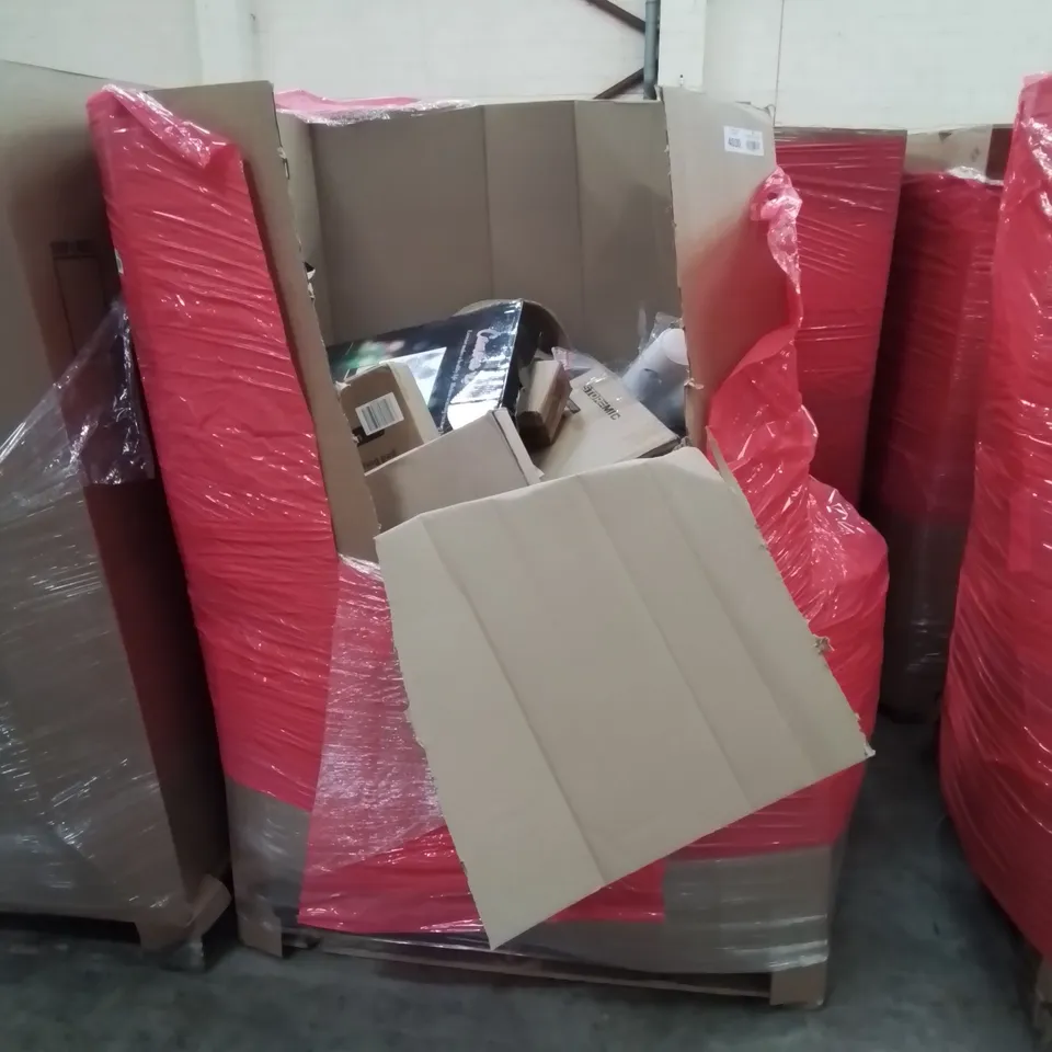 PALLET OF ASSORTED HOUSEHOLD GOODS AND PRODUCTS TO INCLUDE; TOILET SEATS, ELECTRIC UNDERBLANKET, CAR BOOSTER SEAT, ADVENT CALENDAR, BOXED FURNITURE ETC 