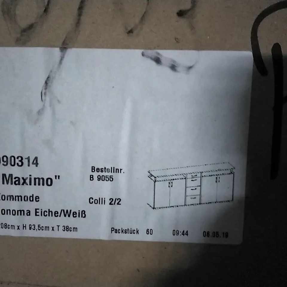 BOXED MAXIMO DRESSER IN SONOMA OAK AND WHITE   2 BOXES 